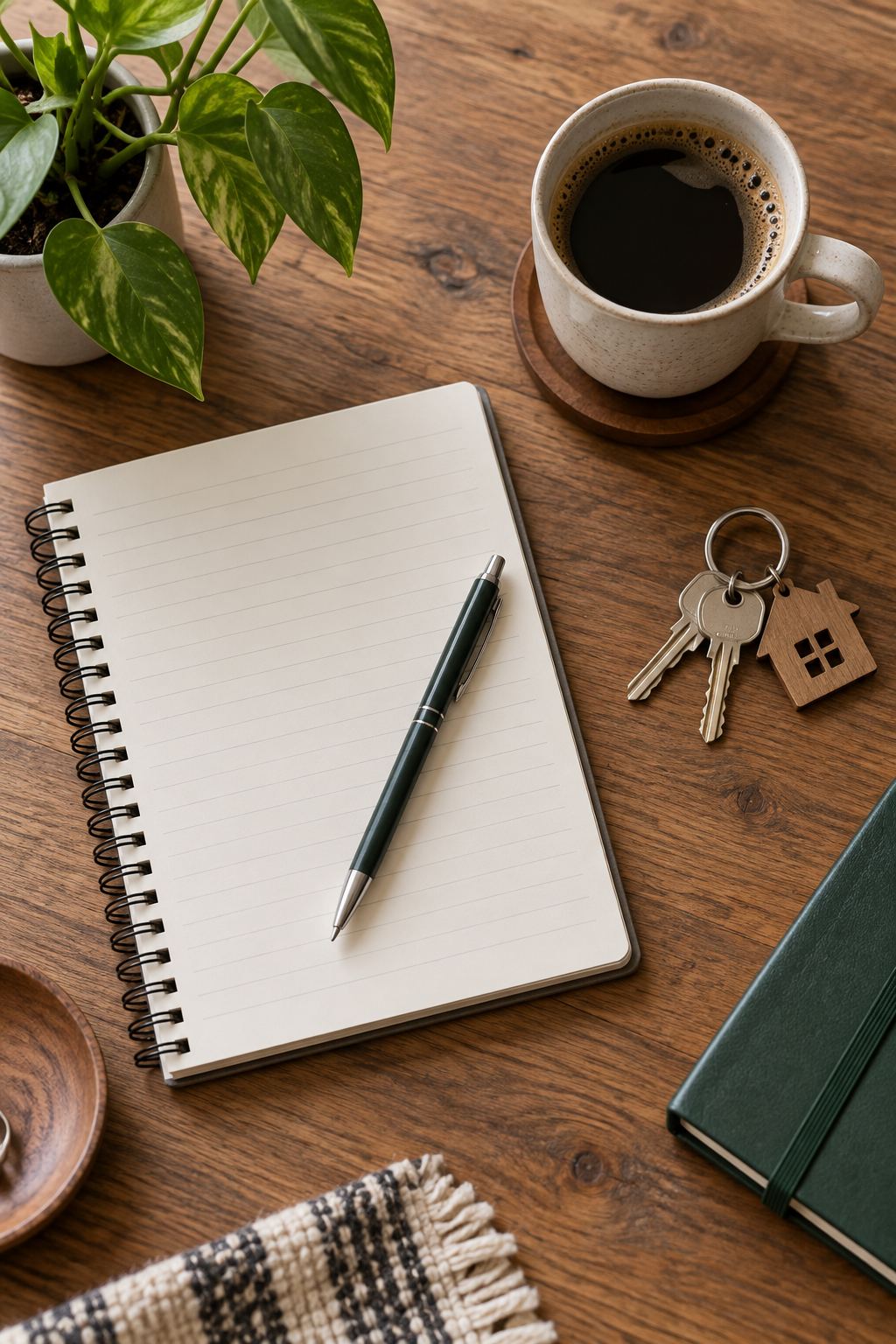 Desk flat-lay, illustrative