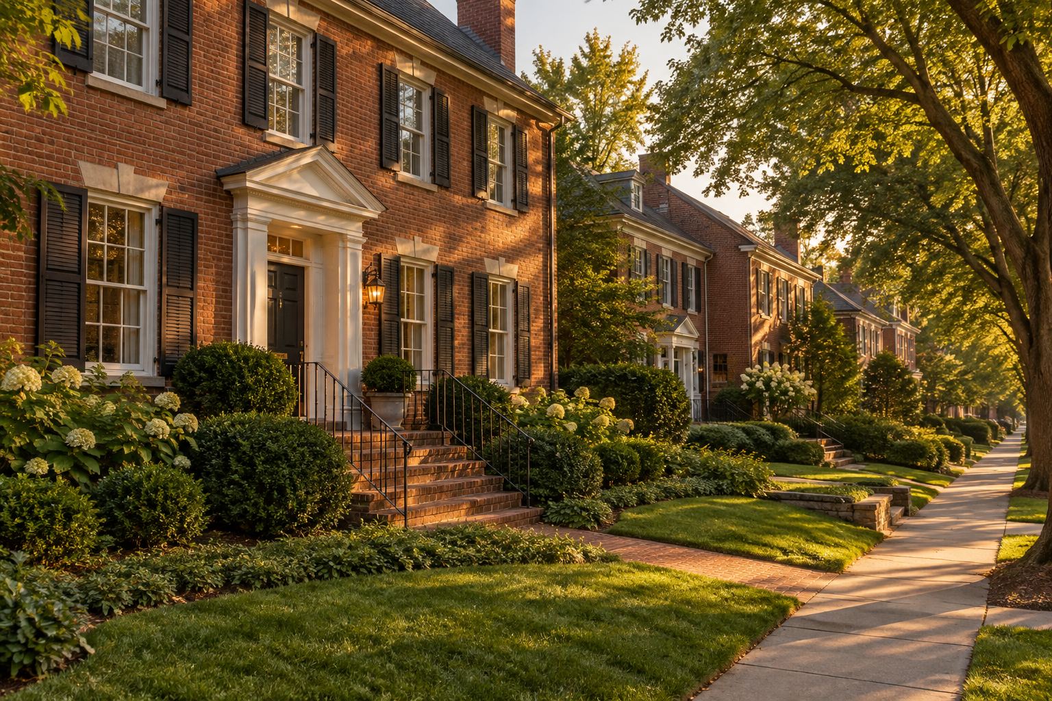A residential street in the DC metro area with mature trees, illustrative