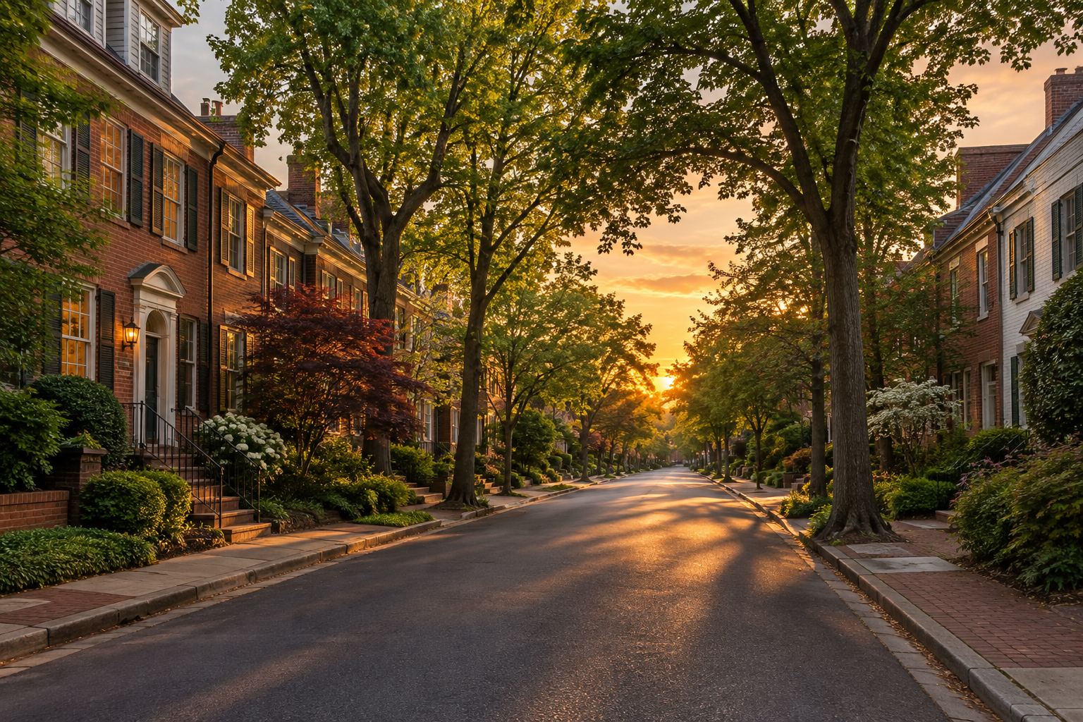 A Washington DC residential street at sunset, illustrative