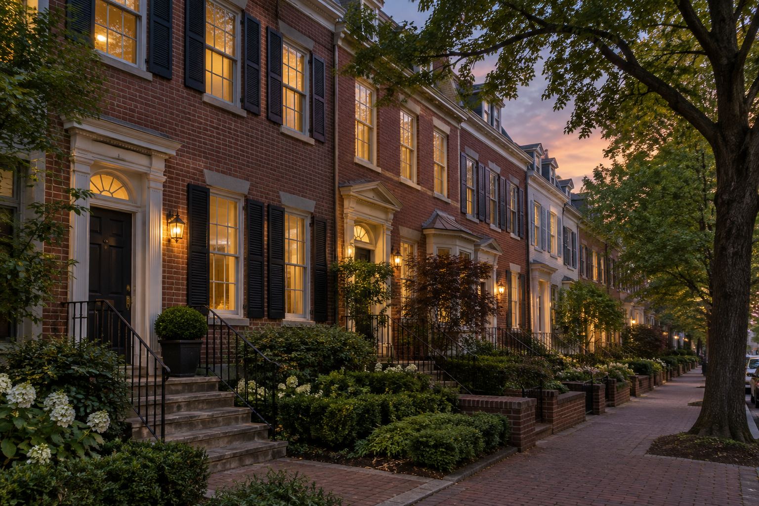 A DC metro area home at dusk, illustrative