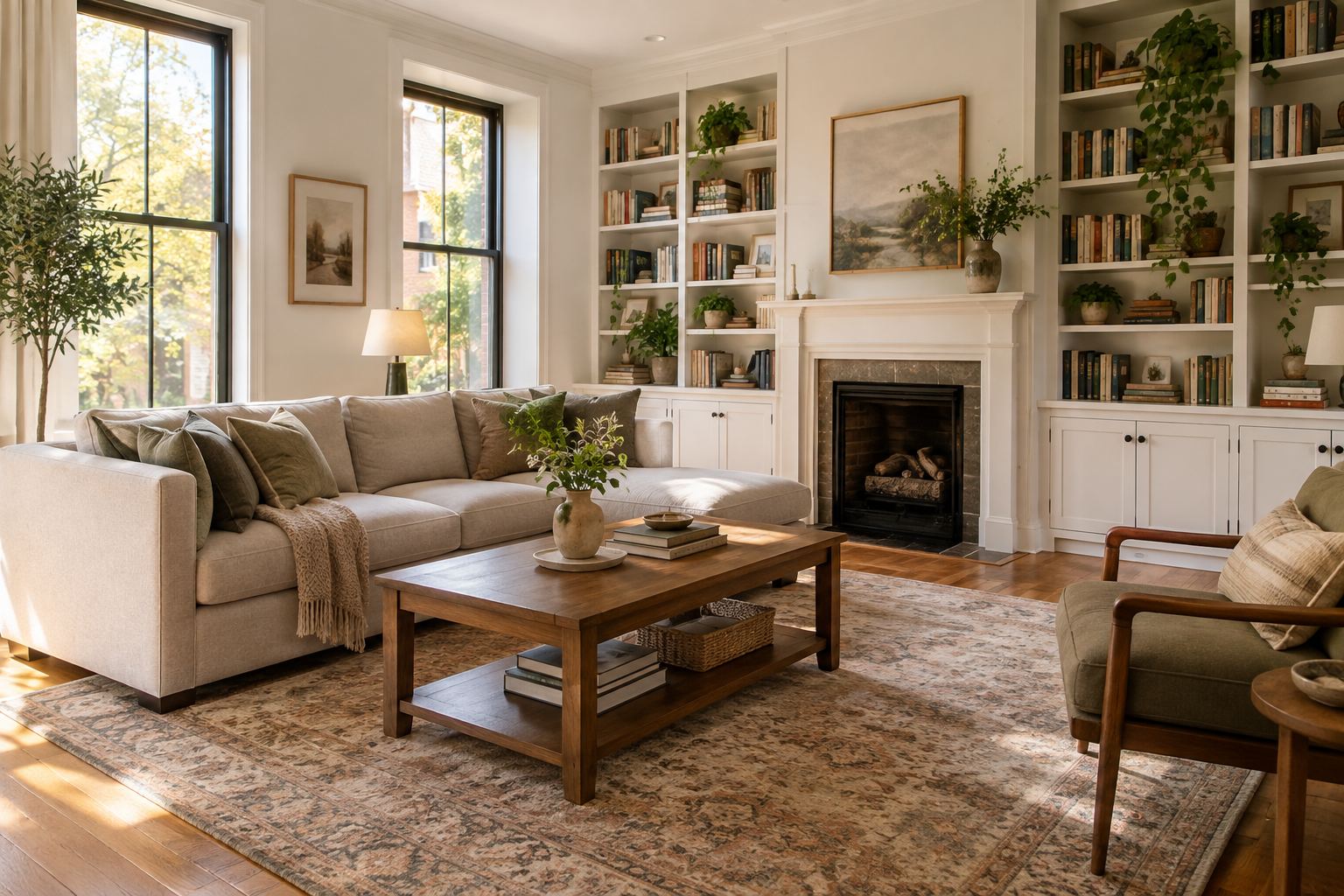 A cozy Washington DC living room, illustrative