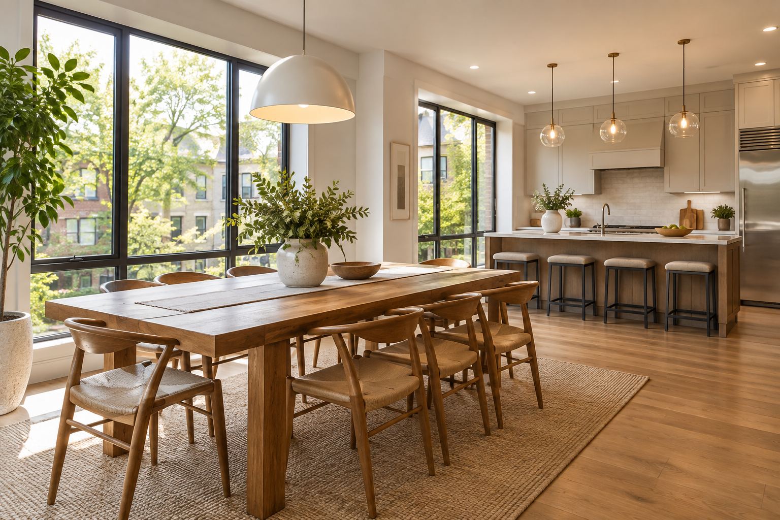 A bright dining room, illustrative